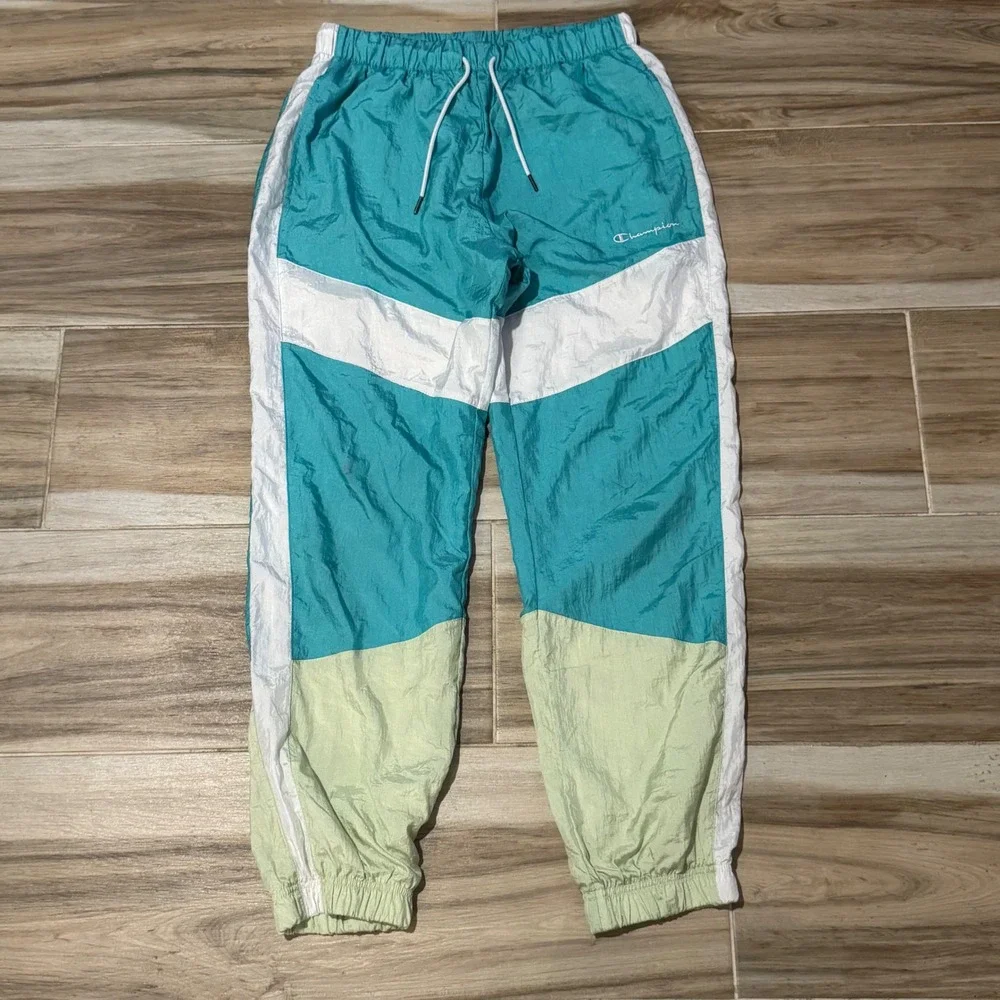 Champion Retro 90s Style Crinkle Nylon Windbreaker Pants Colorblock Size L